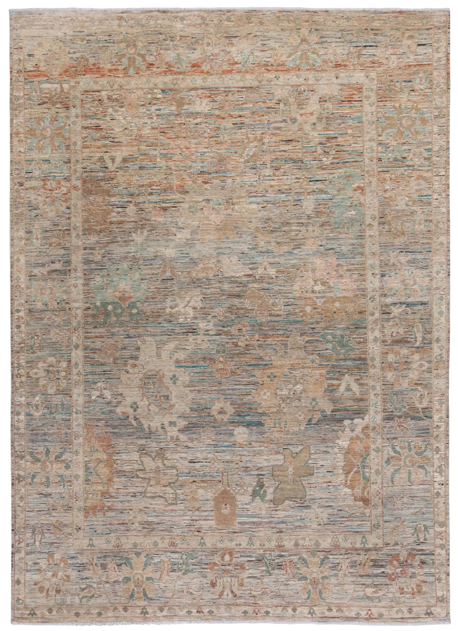 Beige Afghan Rug with Aqua Flowers, 369 × 259 cm, overall view.