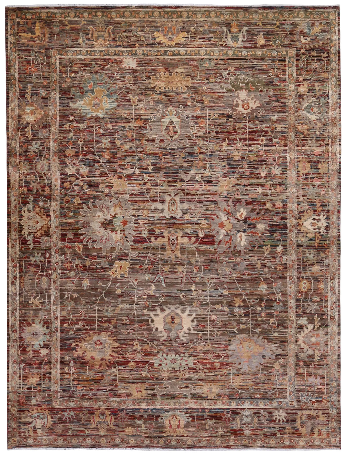 Rust Brown Wool Rug with Dense Floral Motifs, 347 × 261 cm, overall view.