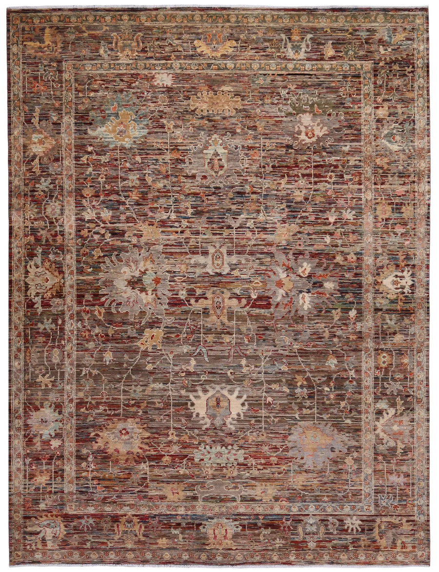 Rust Brown Wool Rug with Dense Floral Motifs, 347 × 261 cm, overall view.