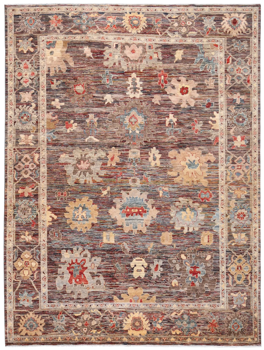 Gray Afghan Rug with Large Cream Flowers, 345 × 255 cm, overall view.