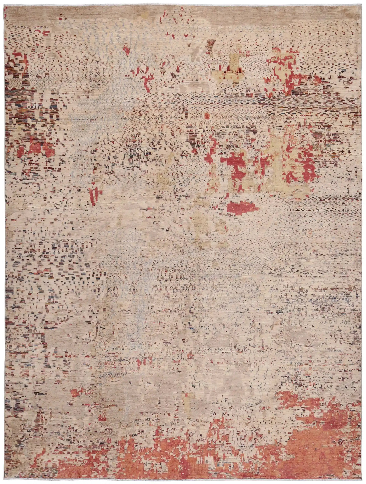 Modern Cream Afghan Rug with Red Accents, 393 × 302 cm, overall view.
