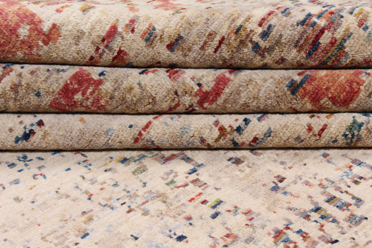 Modern Cream Afghan Rug with Red Accents, 393 × 302 cm, view 8.