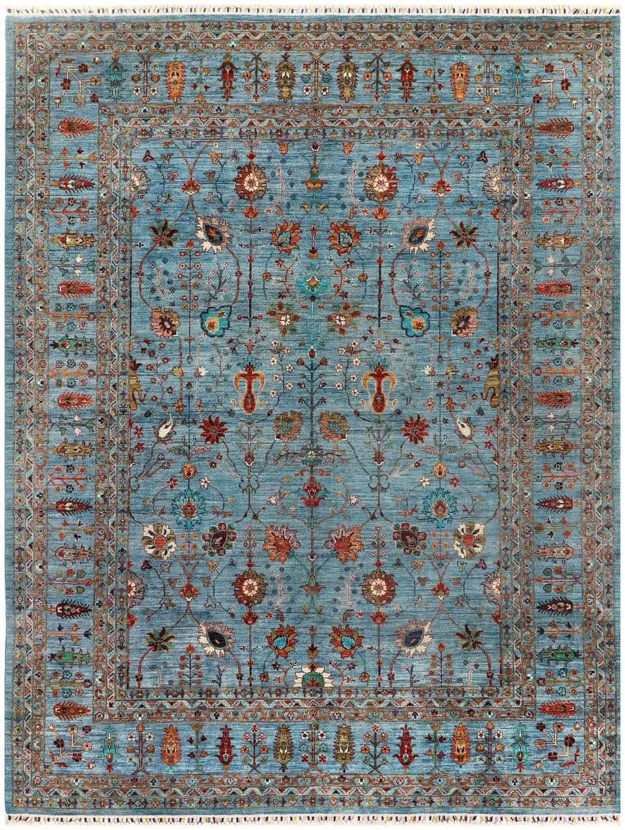 Turquoise Sultani Rug with Floral Motifs, 404 × 303 cm, overall view.