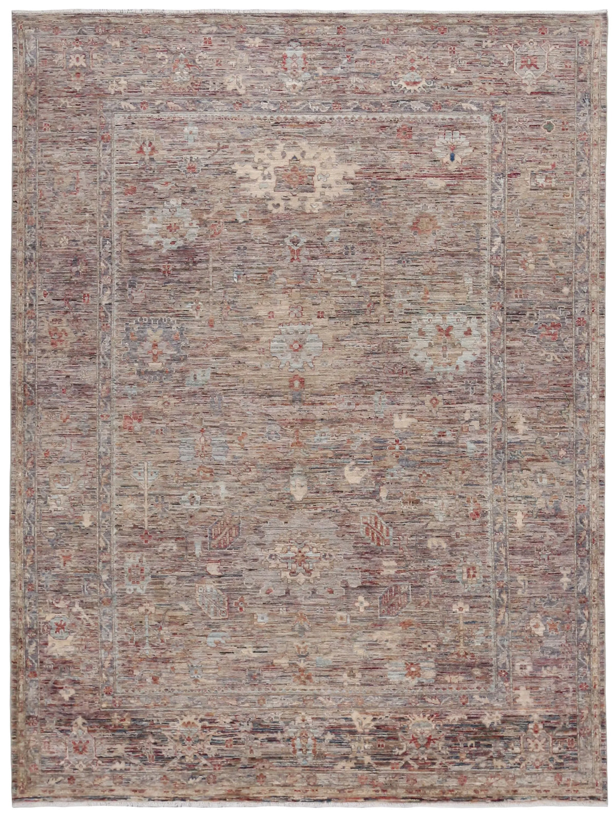 Light Gray & Mauve Afghan Rug with Vines, 349 × 255 cm, overall view.