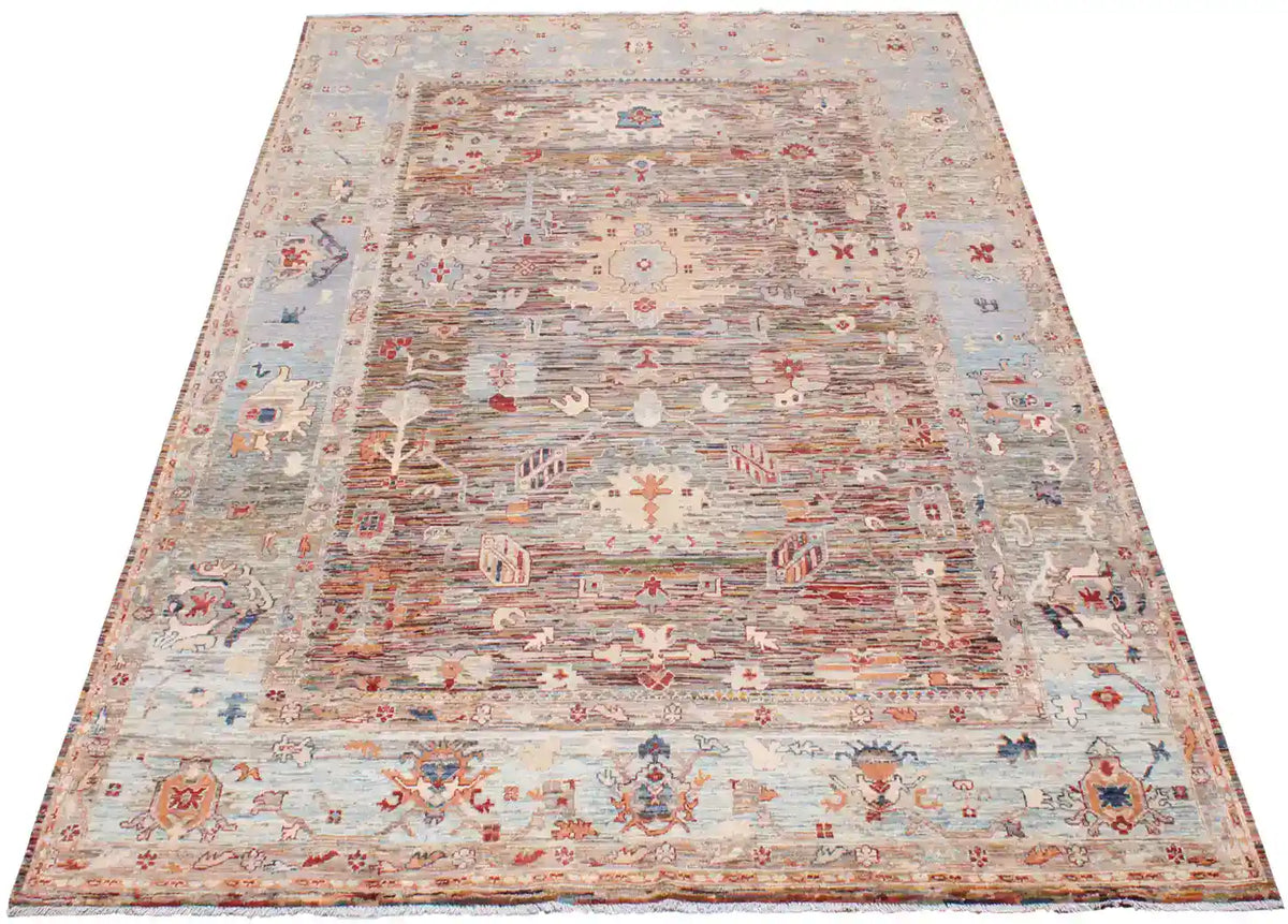 Rust Brown Afghan Rug with Blue Floral Border, 338 × 241 cm, view 2.