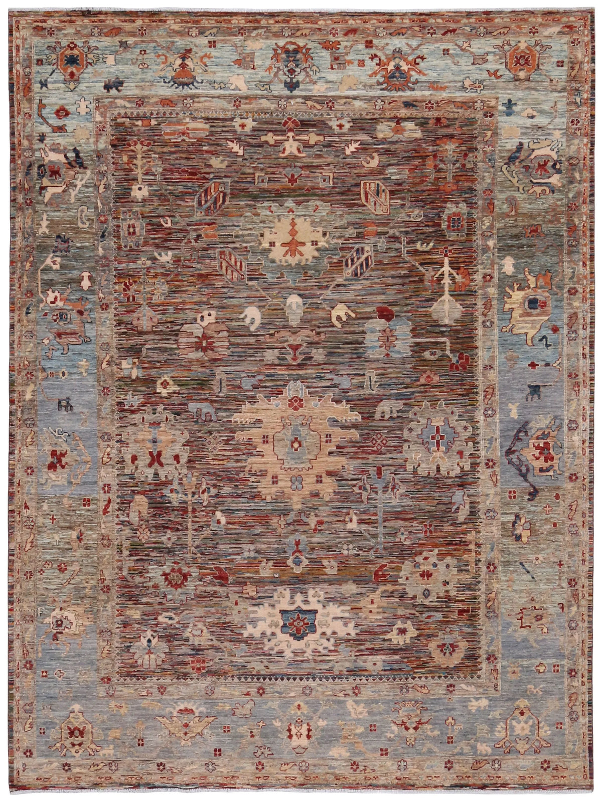 Rust Brown Afghan Rug with Blue Floral Border, 338 × 241 cm, overall view.