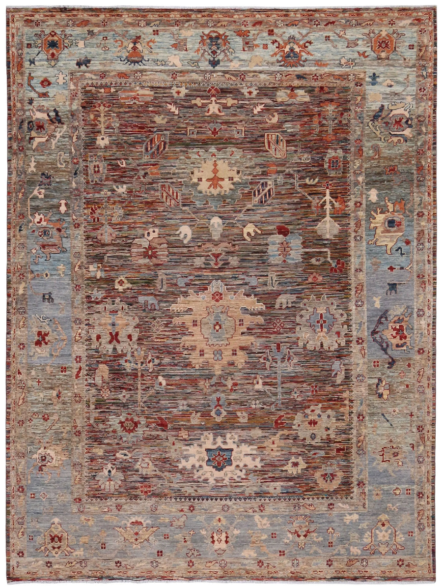 Rust Brown Afghan Rug with Blue Floral Border, 338 × 241 cm, overall view.