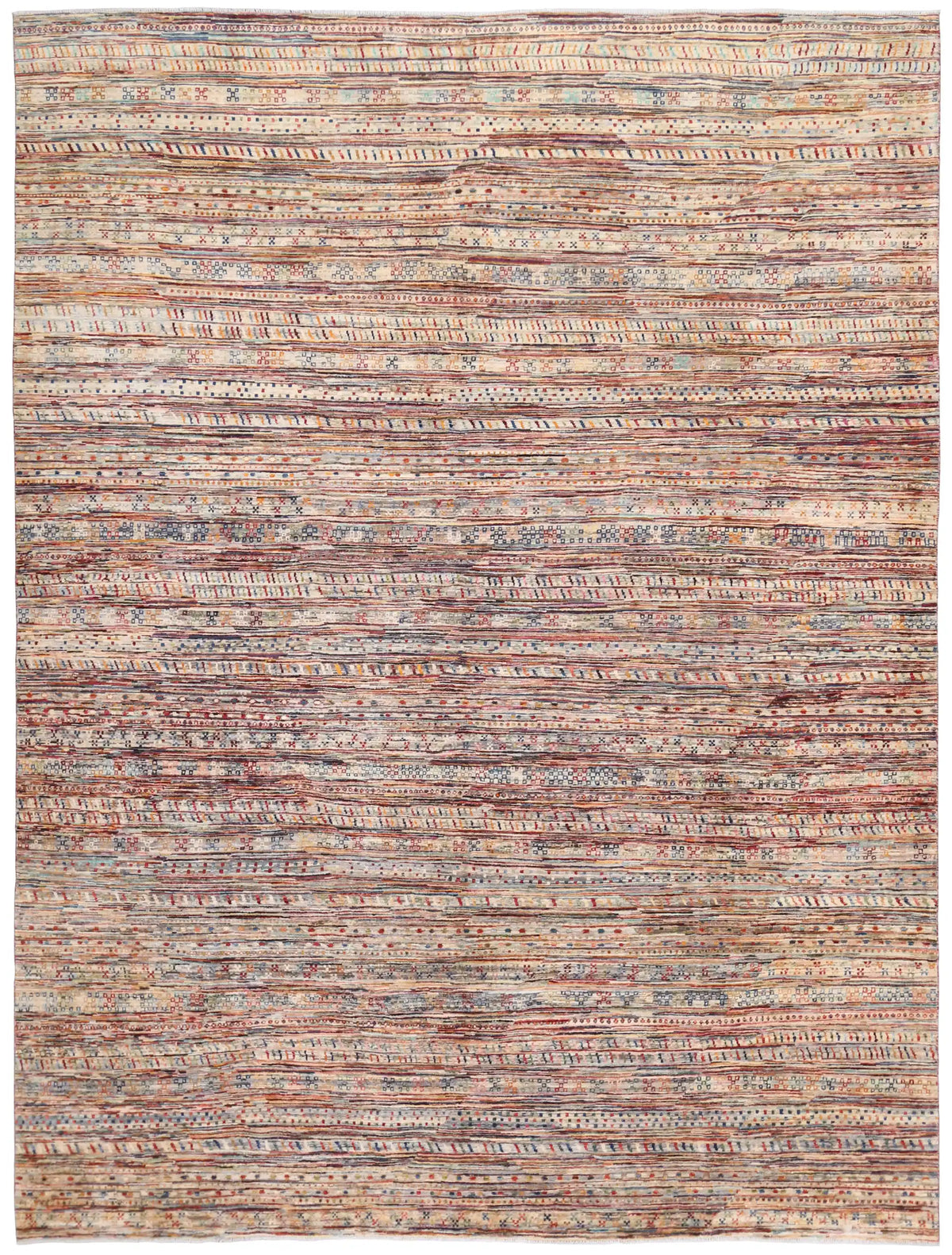 Berjasta Rug with Fine Multicolor Rows, 391 × 303 cm, overall view.