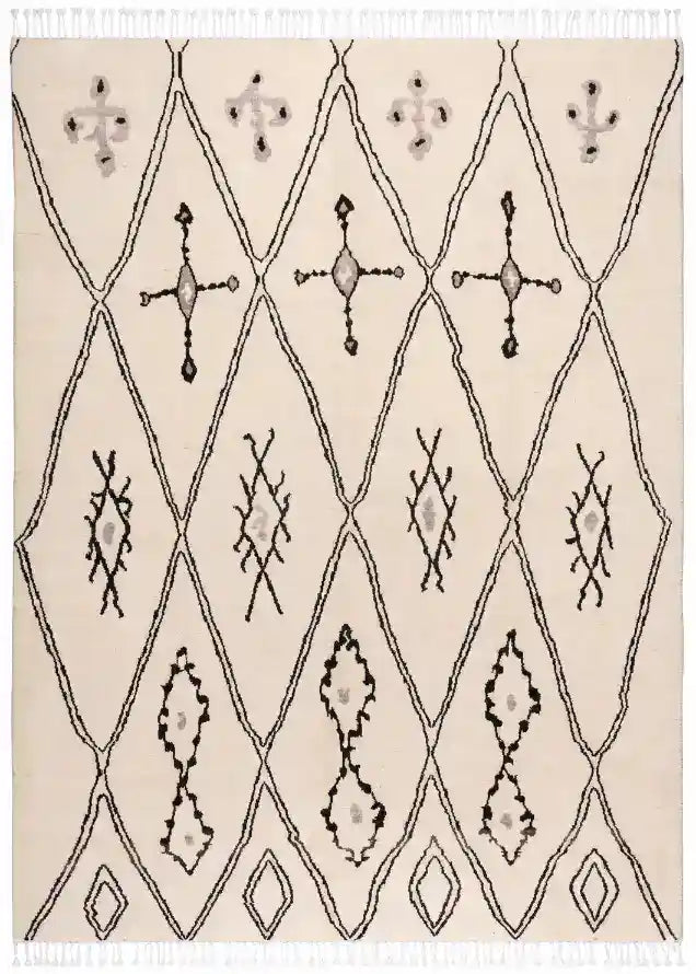 Cream Afghan Rug with Black Diamonds, 420 × 304 cm, overall view.