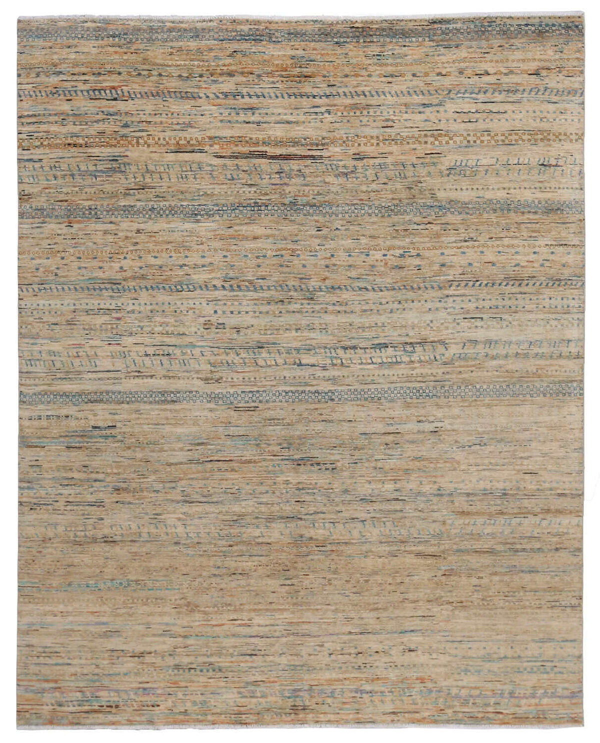 Beige Art Deco Wool Rug with Blue Lines, 297 × 238 cm, overall view.