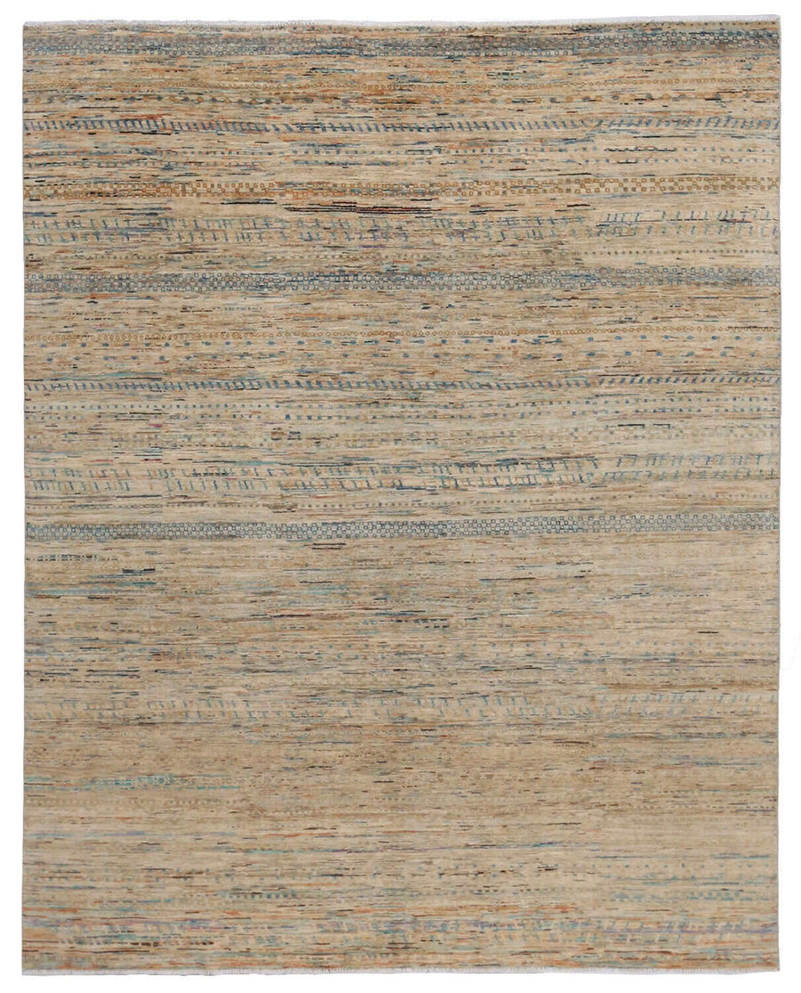 Beige Art Deco Wool Rug with Blue Lines, 297 × 238 cm, overall view.