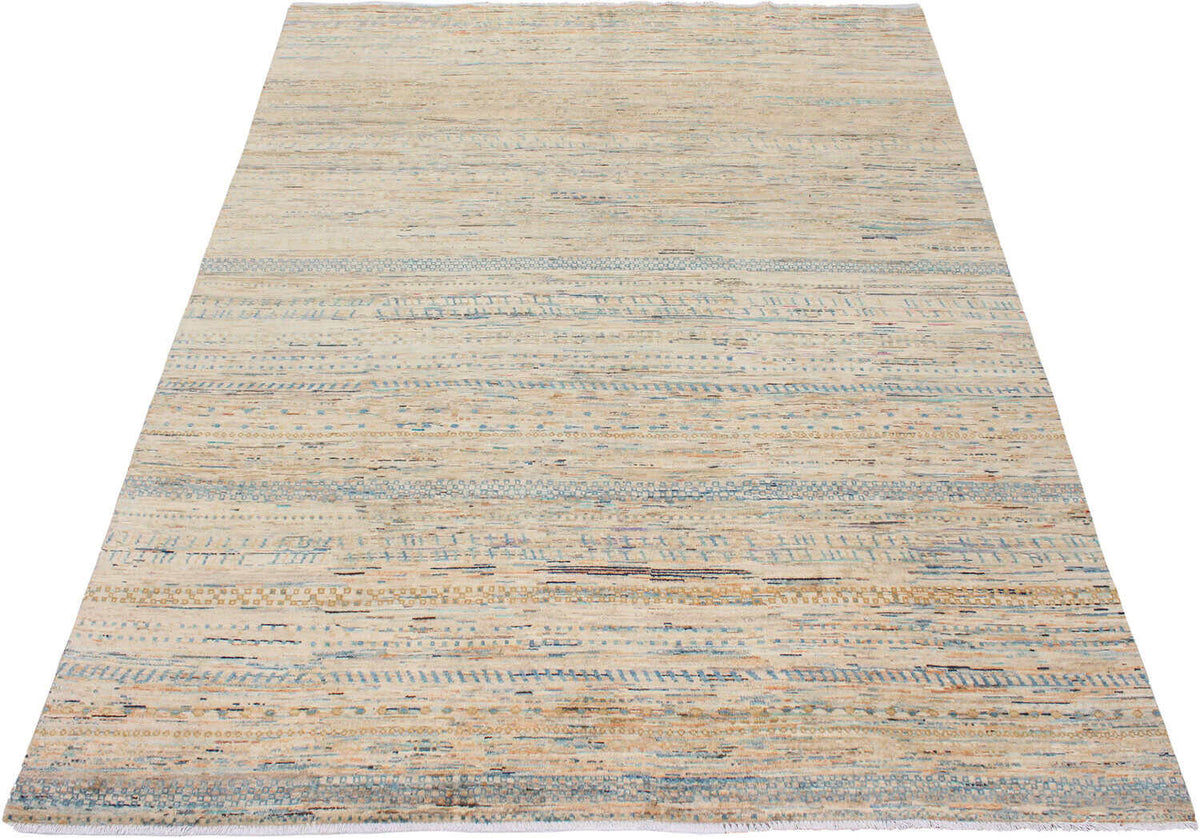 Beige Art Deco Wool Rug with Blue Lines, 297 × 238 cm, view 2.