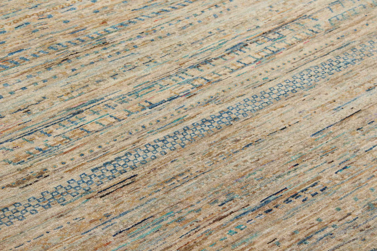 Beige Art Deco Wool Rug with Blue Lines, 297 × 238 cm, view 4.