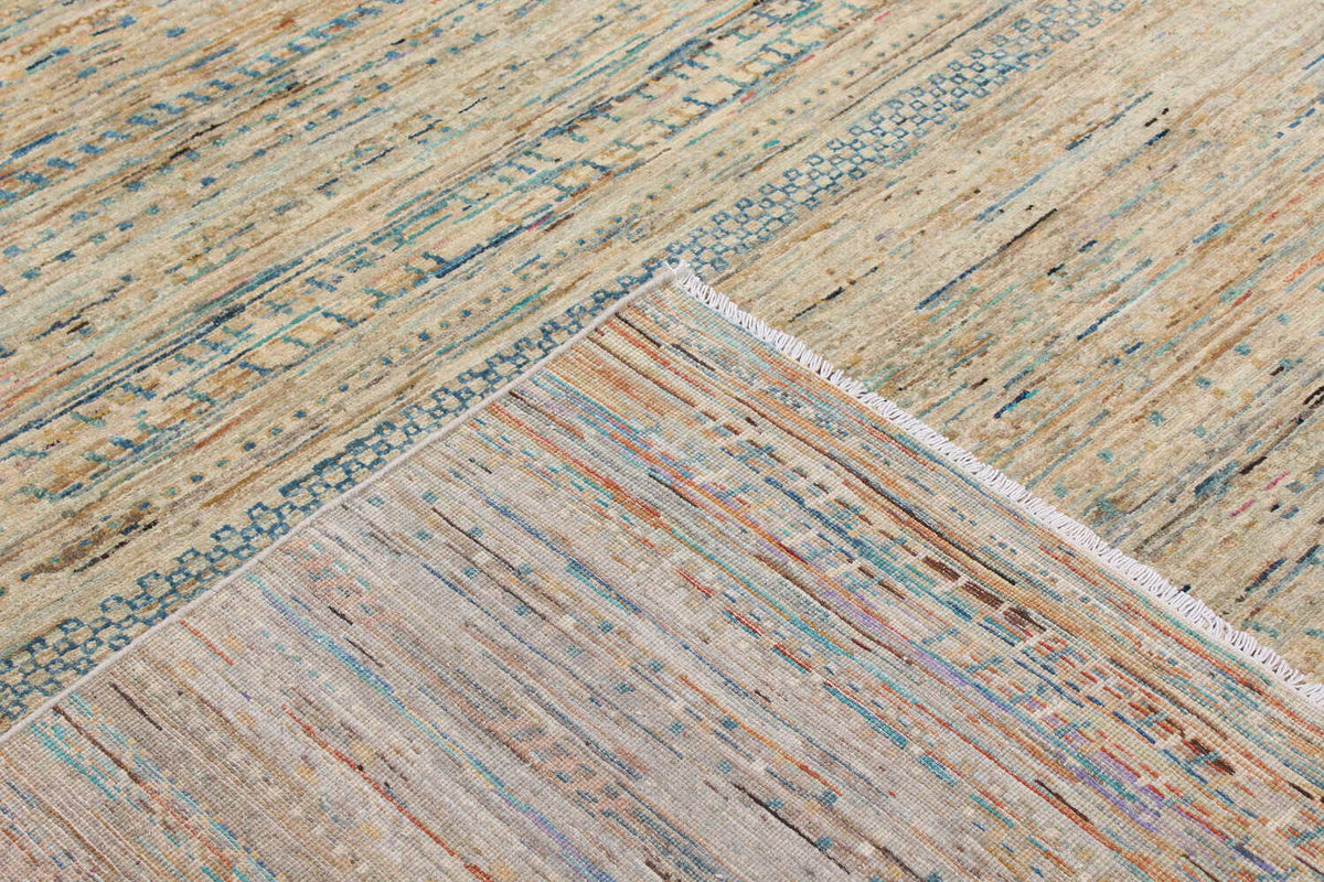 Beige Art Deco Wool Rug with Blue Lines, 297 × 238 cm, view 5.