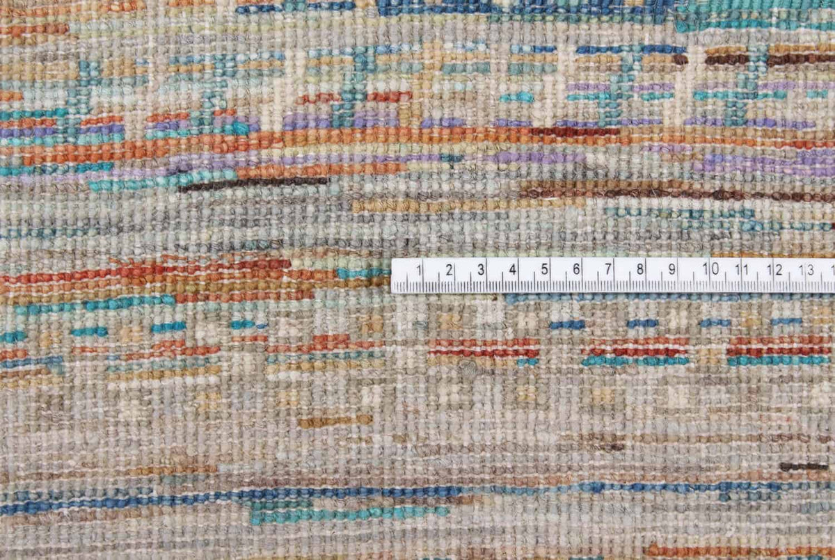 Beige Art Deco Wool Rug with Blue Lines, 297 × 238 cm, view 6.