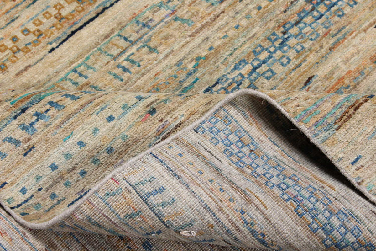 Beige Art Deco Wool Rug with Blue Lines, 297 × 238 cm, view 7.