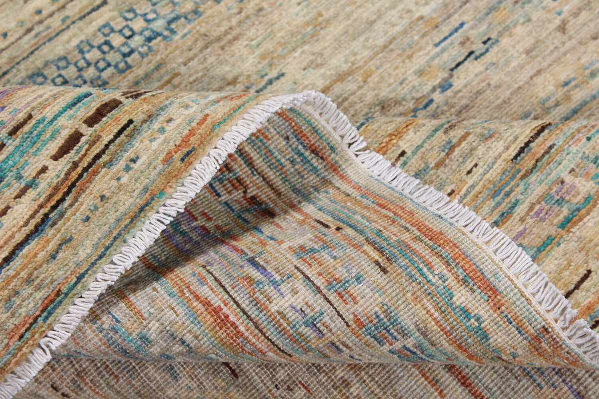 Beige Art Deco Wool Rug with Blue Lines, 297 × 238 cm, view 8.