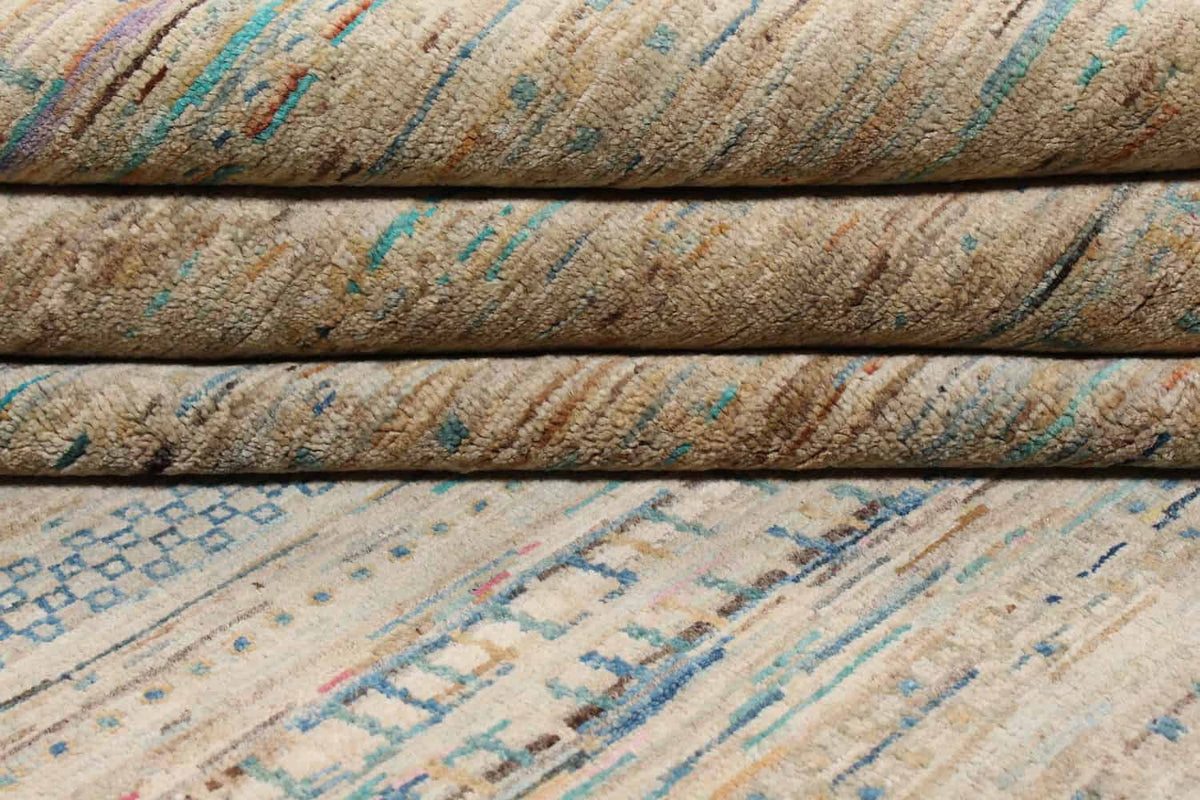 Beige Art Deco Wool Rug with Blue Lines, 297 × 238 cm, view 9.