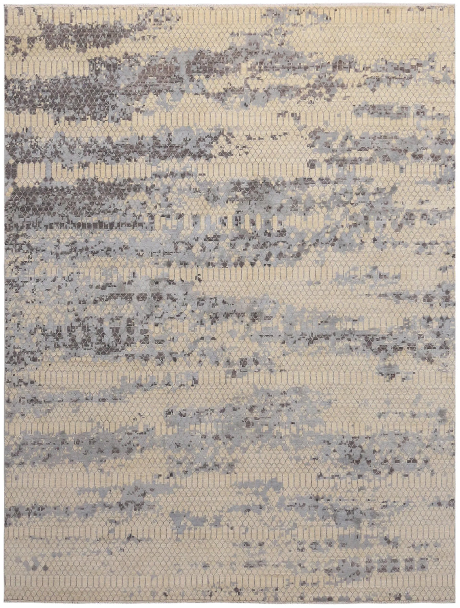 Blue-Gray Abstract Afghan Rug, 301 × 236 cm, overall view.
