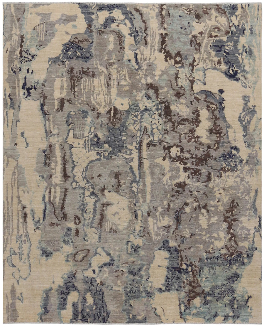 Gray & Cream Abstract Afghan Rug, 287 × 236 cm, overall view.