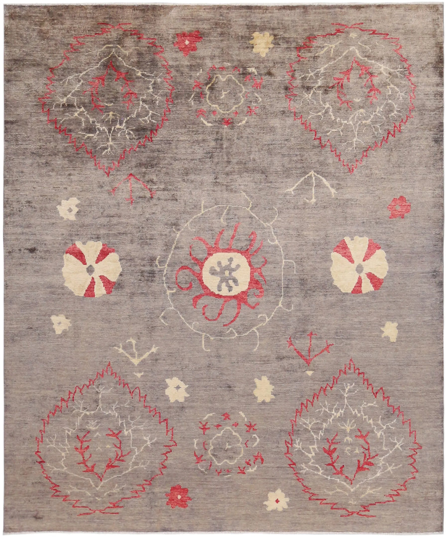 Gray Afghan Rug with Red Medallions, 291 × 249 cm, overall view.
