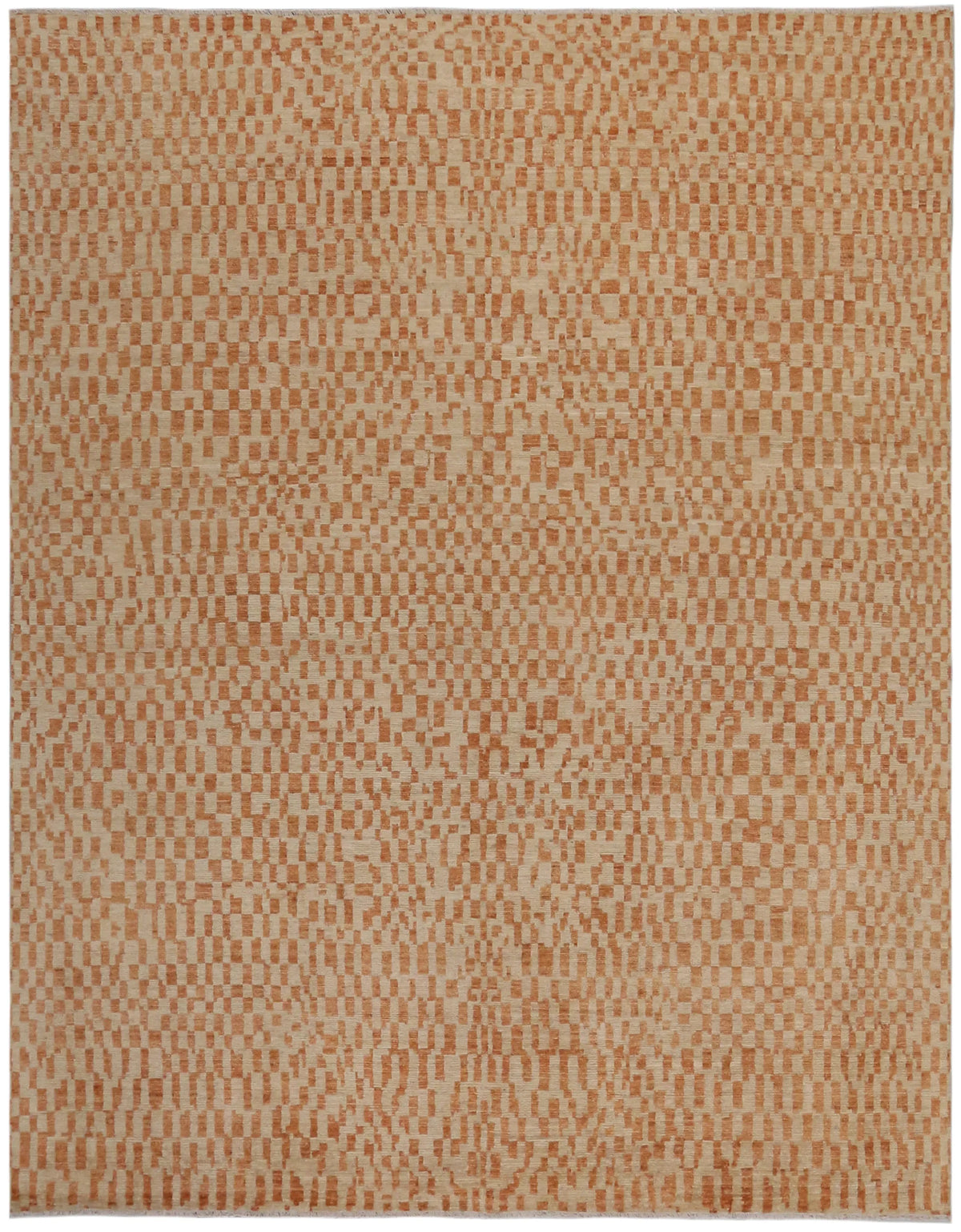 Orange & Beige Afghan Rug with Checks, 298 × 237 cm, overall view.