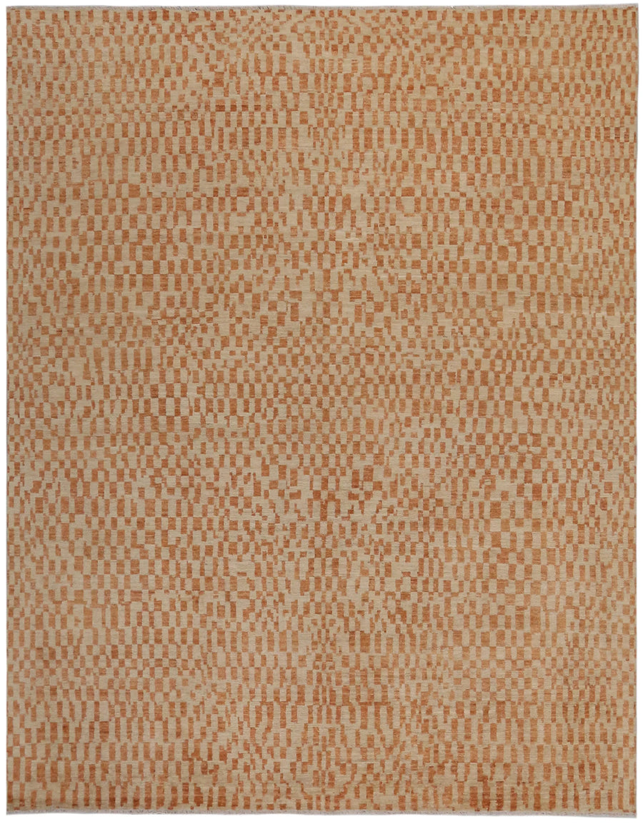Orange & Beige Afghan Rug with Checks, 298 × 237 cm, overall view.
