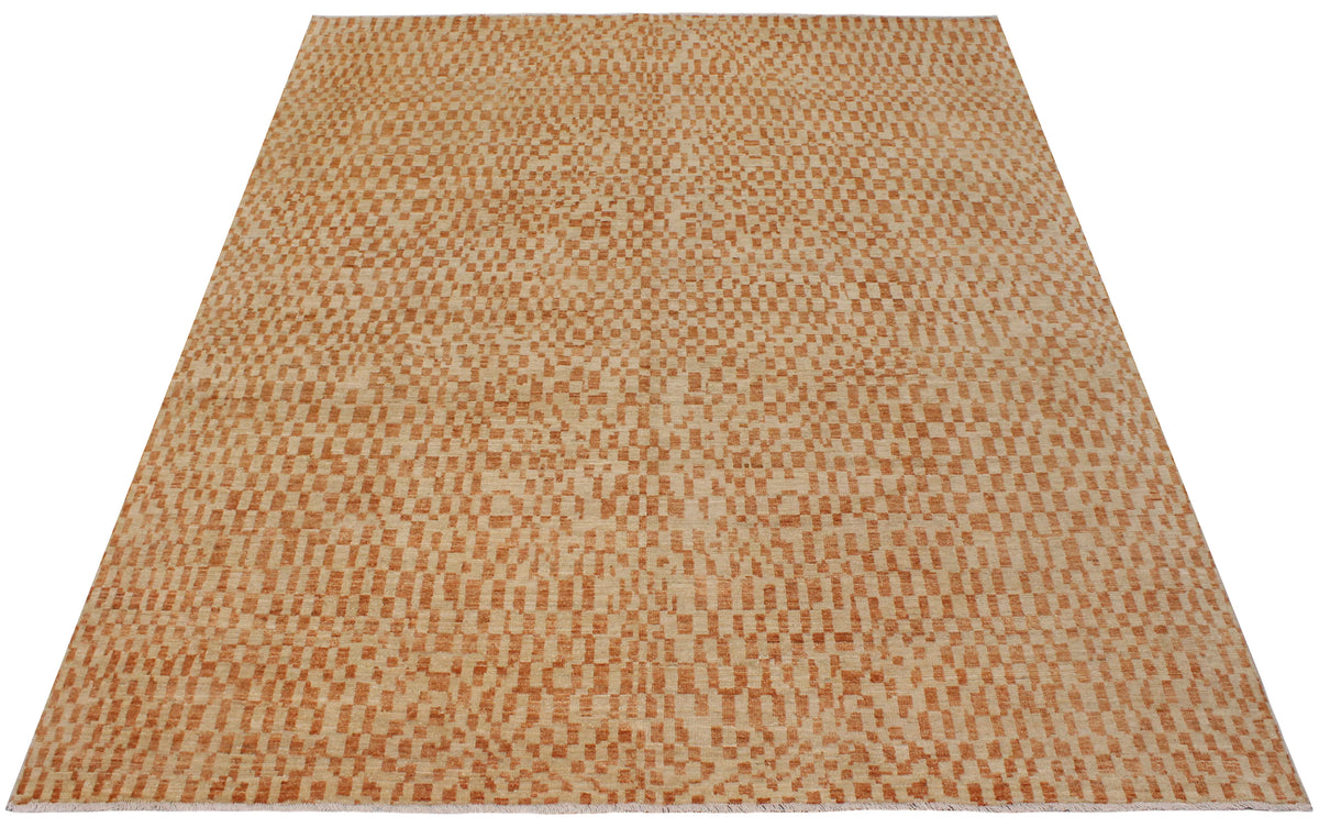 Orange & Beige Afghan Rug with Checks, 298 × 237 cm, view 2.