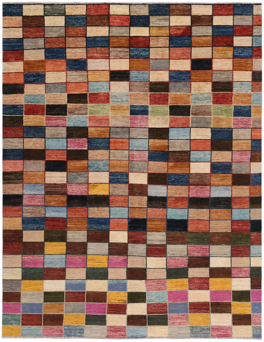 Multicolor Afghan Rug with Checkerboard Pattern, 296 × 236 cm, overall view.