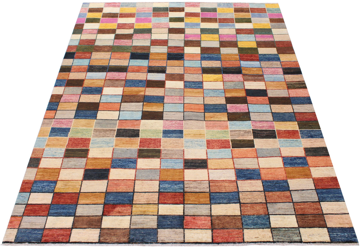 Multicolor Afghan Rug with Checkerboard Pattern, 296 × 236 cm, view 2.