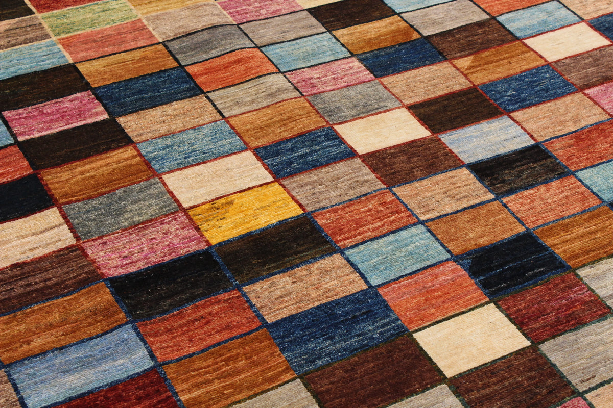Multicolor Afghan Rug with Checkerboard Pattern, 296 × 236 cm, view 4.