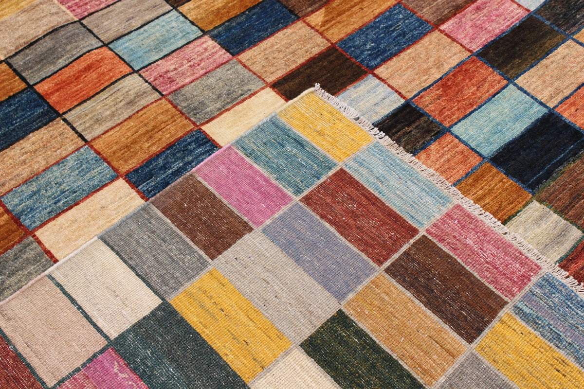 Multicolor Afghan Rug with Checkerboard Pattern, 296 × 236 cm, view 5.