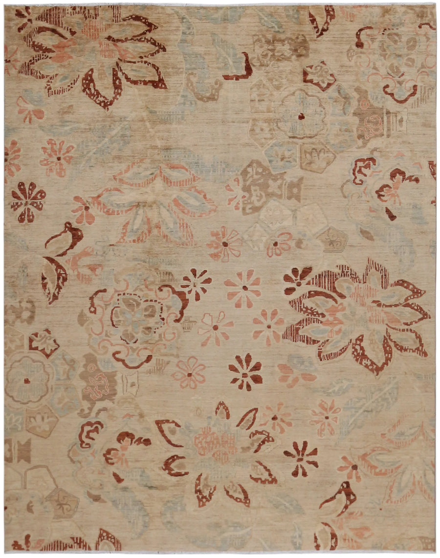 Beige Afghan Rug with Rust Floral Motifs, 295 × 240 cm, overall view.