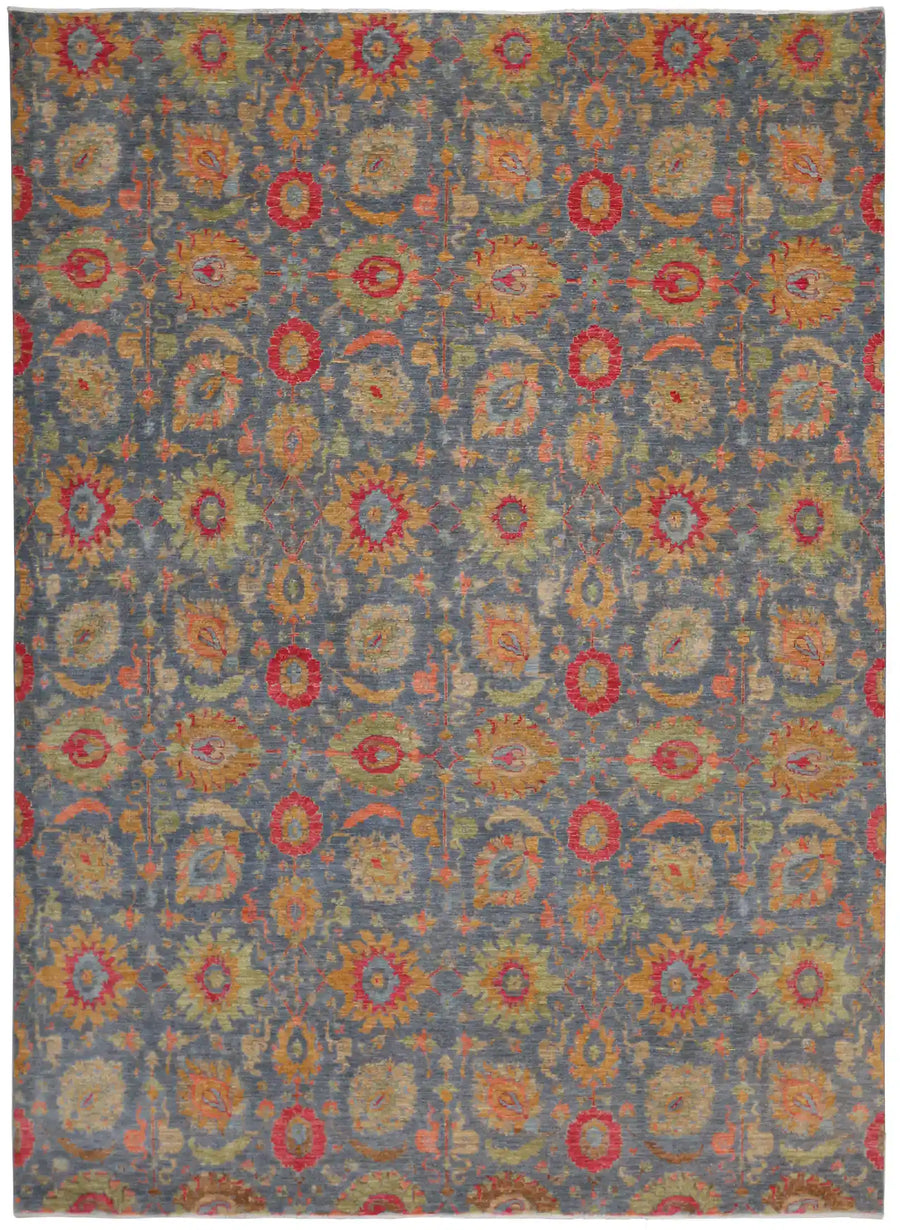 Gray-Blue Afghan Rug with Colorful Flowers, 378 × 277 cm, overall view.