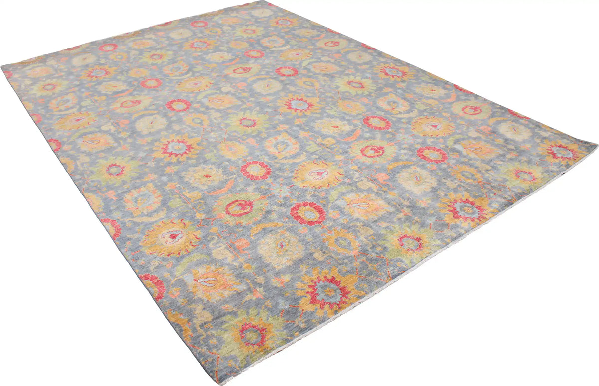Gray-Blue Afghan Rug with Colorful Flowers, 378 × 277 cm, view 3.