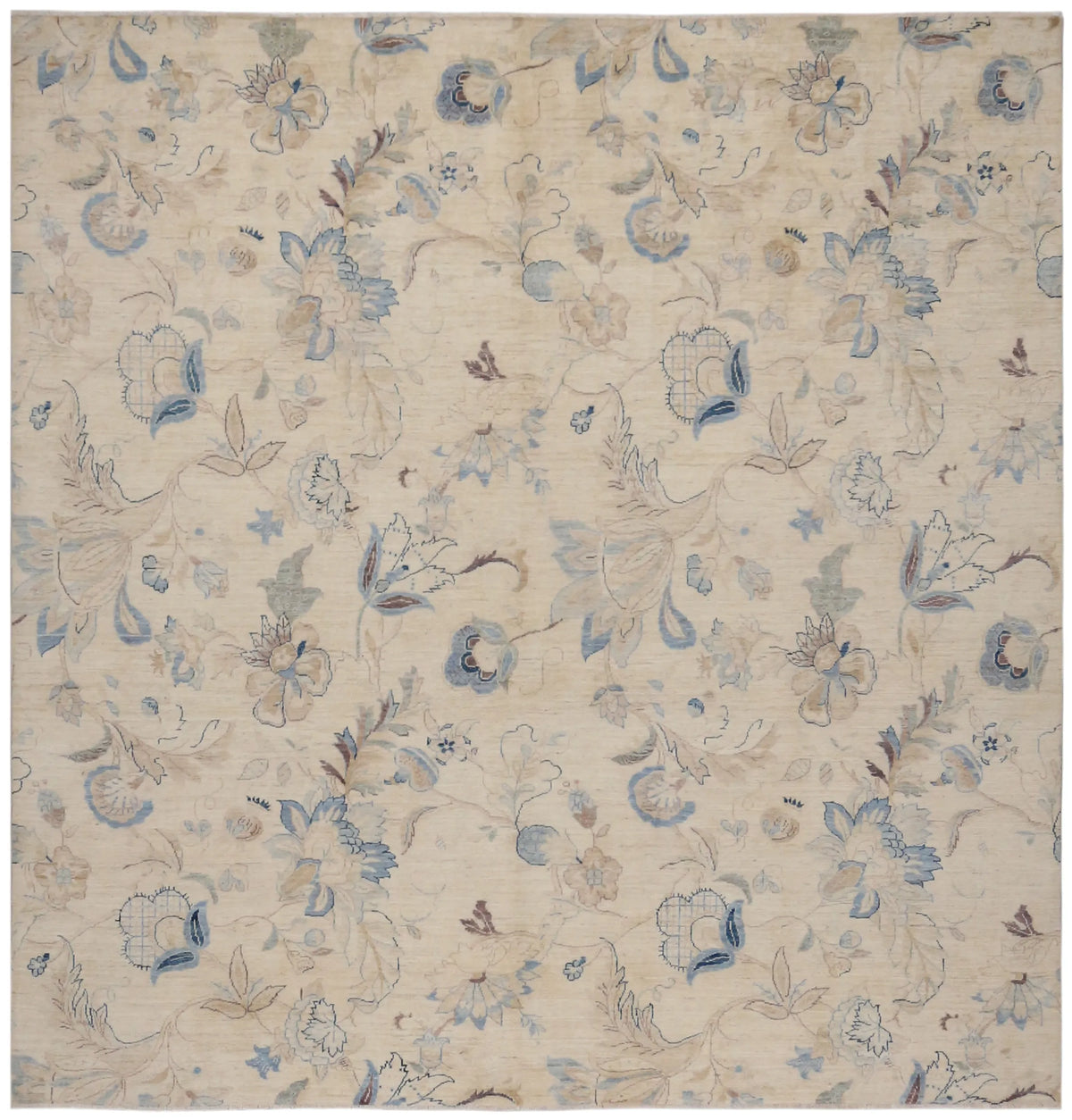Cream Afghan Rug with Blue Floral Motifs, 284 × 283 cm, overall view.