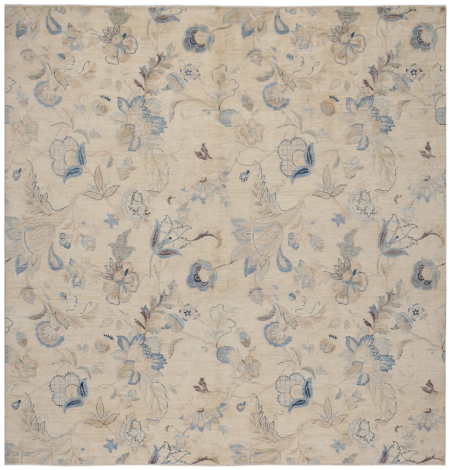 Cream Afghan Rug with Blue Floral Motifs, 284 × 283 cm, overall view.