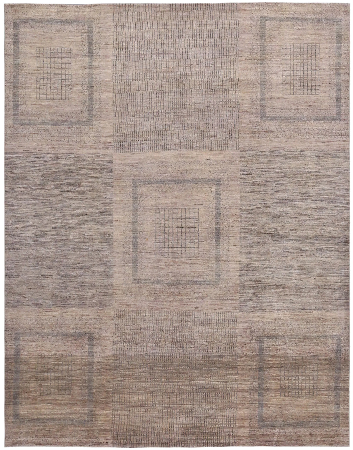 Greige Afghan Rug with Square Motifs, 310 × 239 cm, overall view.