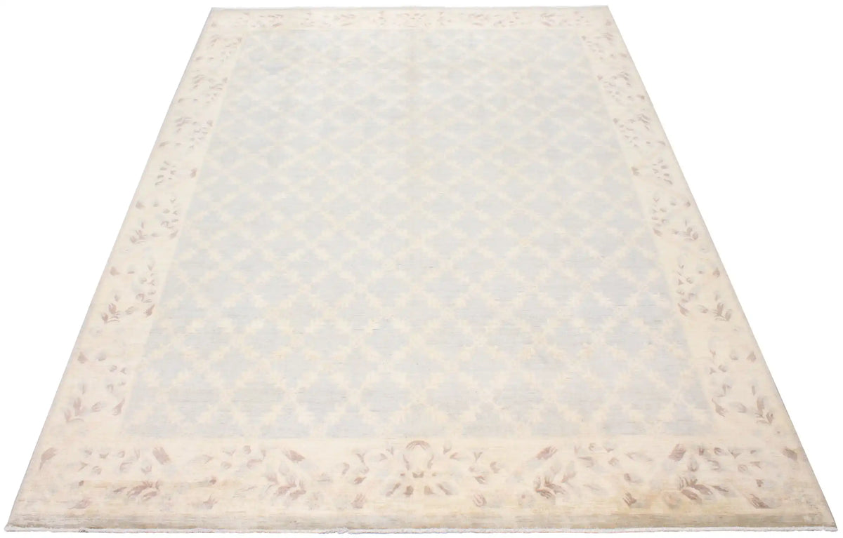 Light Blue Ziegler Rug with Diamond Lattice, 317 × 296 cm, overall view.