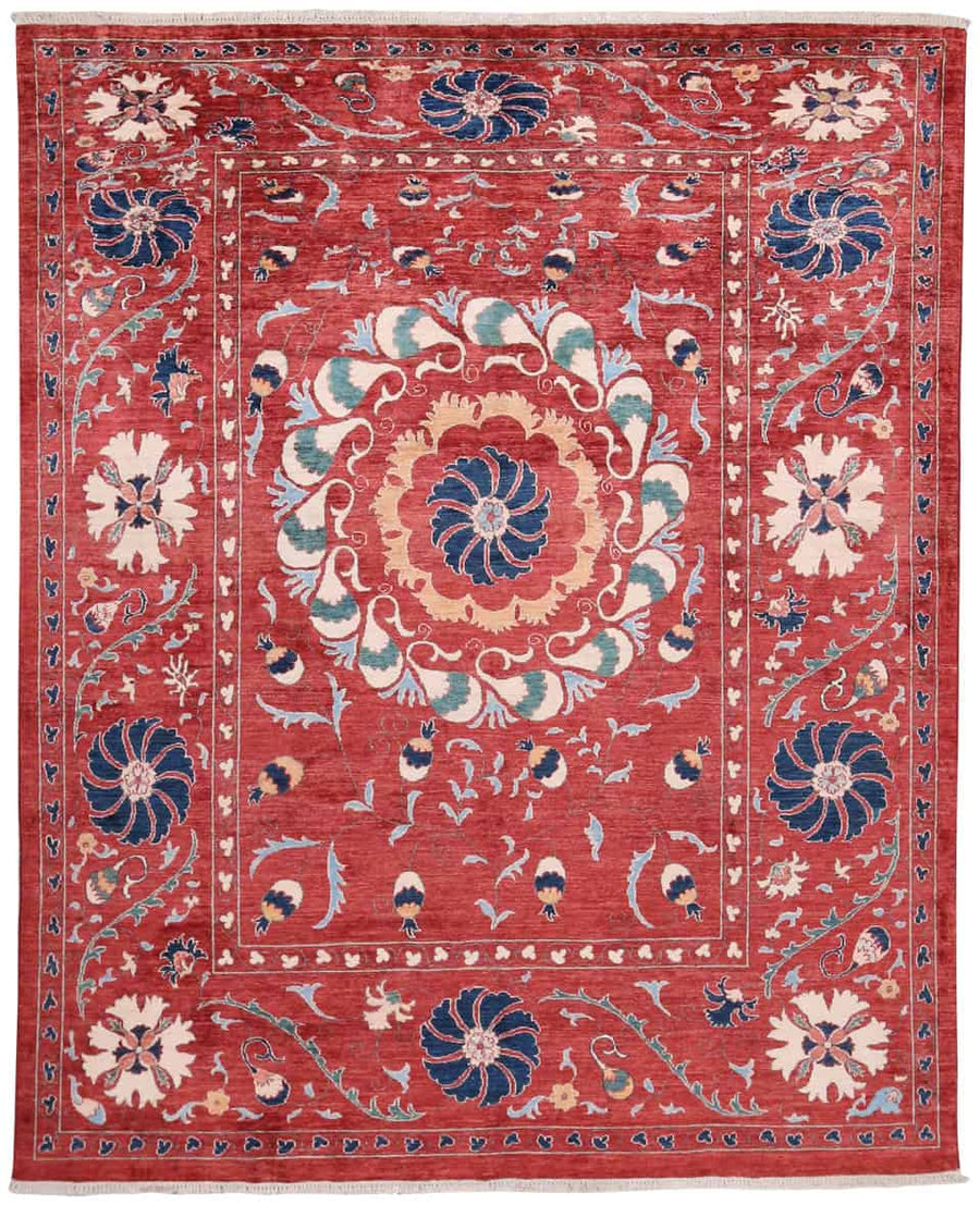 Red Suzani Wool Rug with Floral Medallion, 318 × 264 cm, overall view.