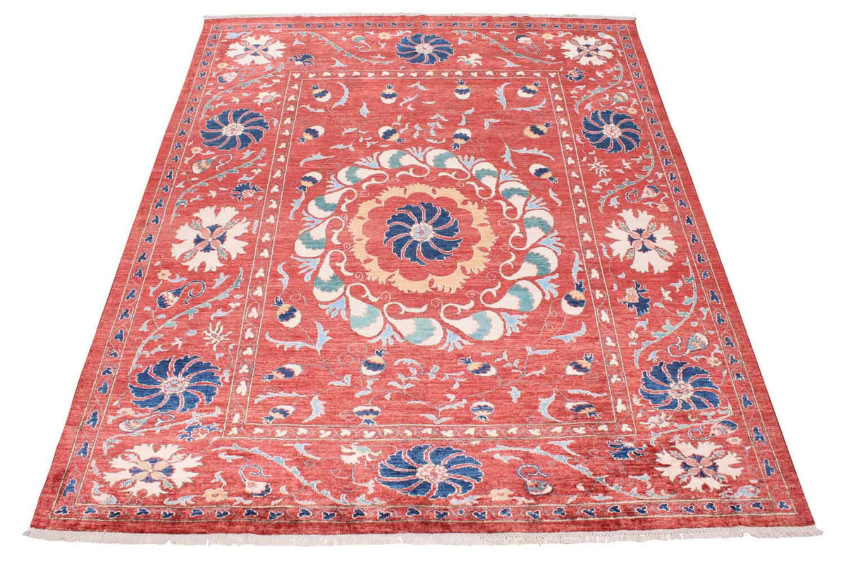 Red Suzani Wool Rug with Floral Medallion, 318 × 264 cm, view 2.