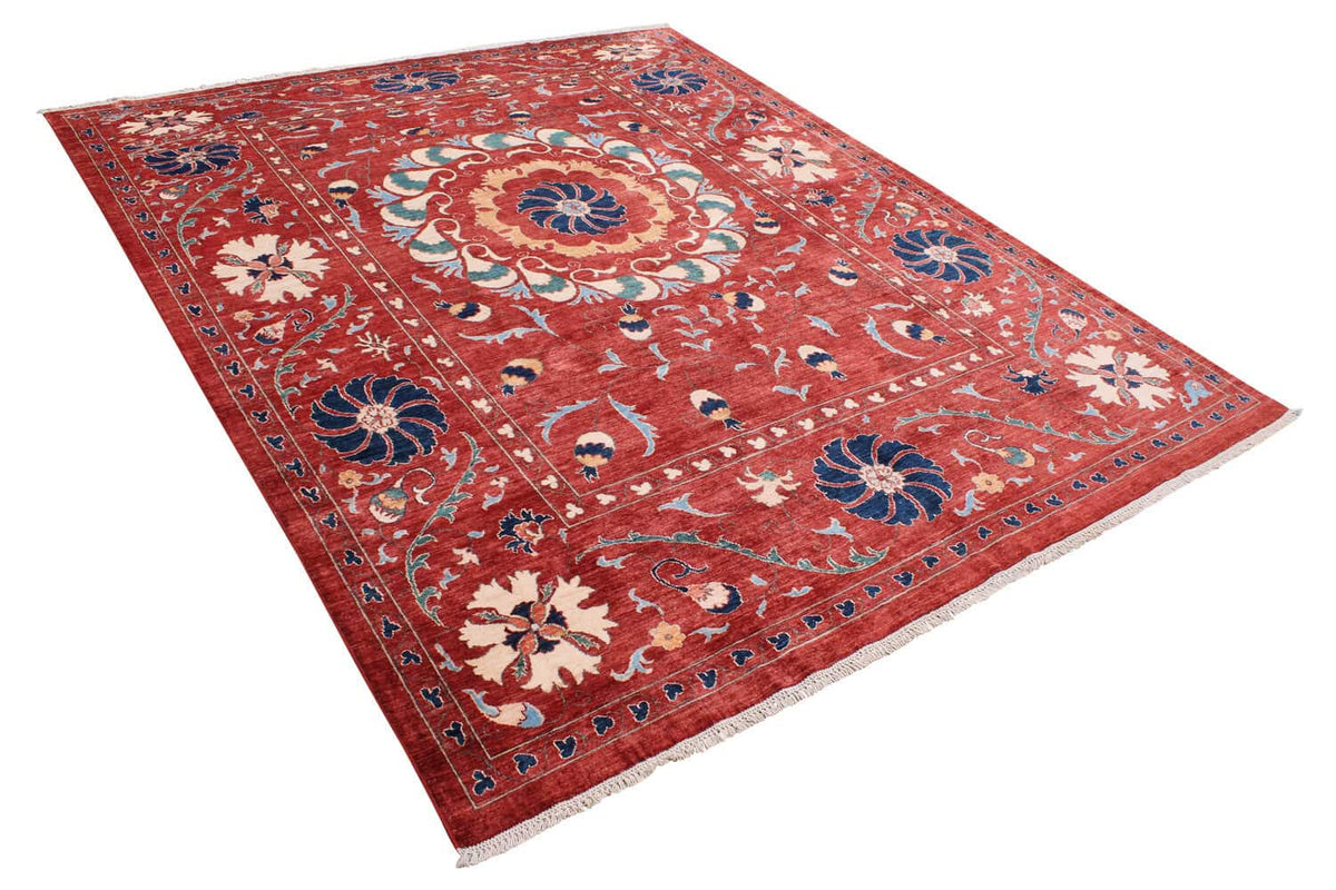 Red Suzani Wool Rug with Floral Medallion, 318 × 264 cm, view 3.