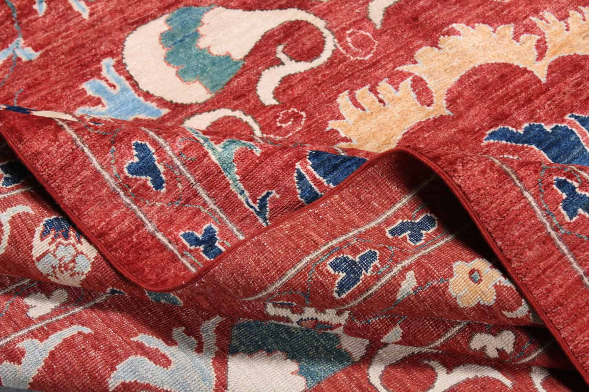 Red Suzani Wool Rug with Floral Medallion, 318 × 264 cm, view 6.