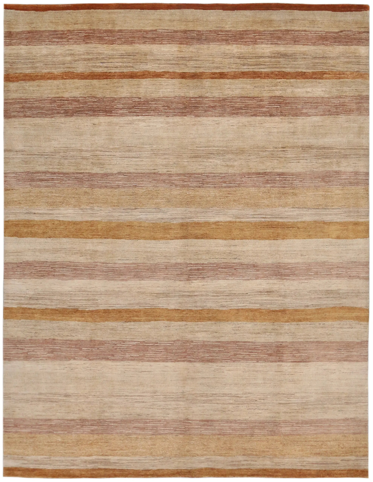 Sand & Ochre Wool Rug with Horizontal Stripes, 308 × 237 cm, overall view.