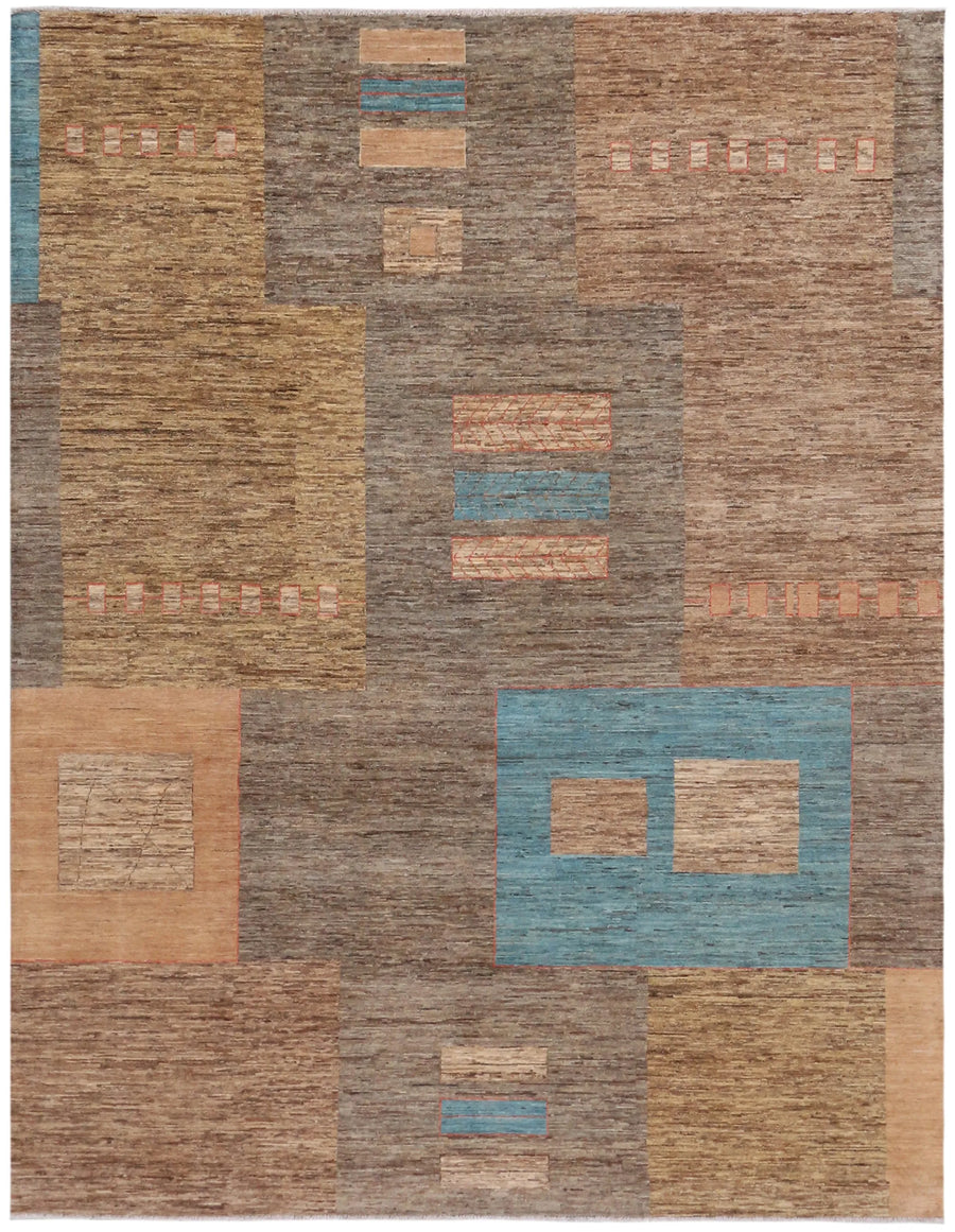 Brown Afghan Rug with Colorful Rectangles, 314 × 249 cm, overall view.