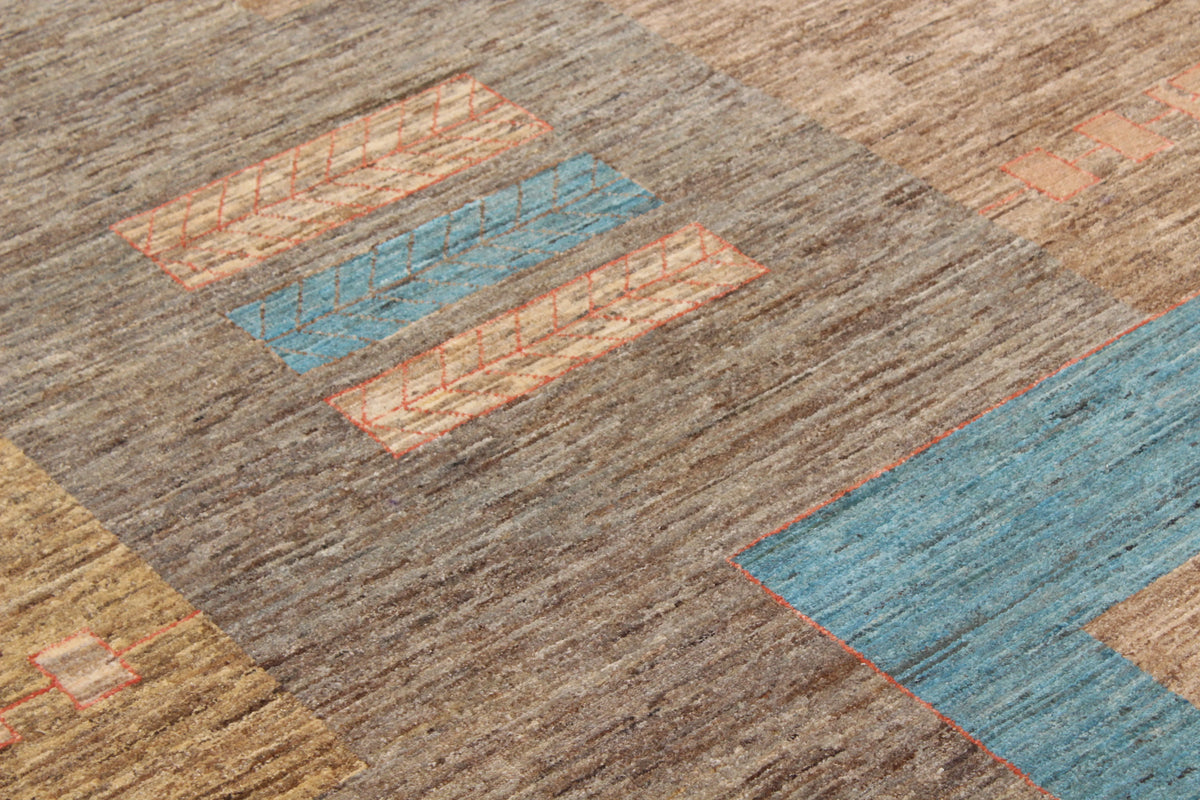 Brown Afghan Rug with Colorful Rectangles, 314 × 249 cm, view 4.