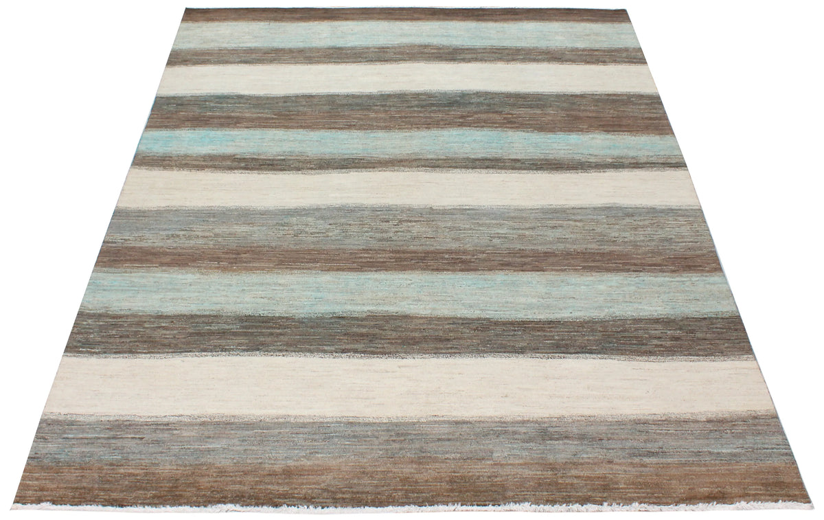 Afghan Rug with Cream & Gray-Blue Stripes, 308 × 236 cm, view 2.