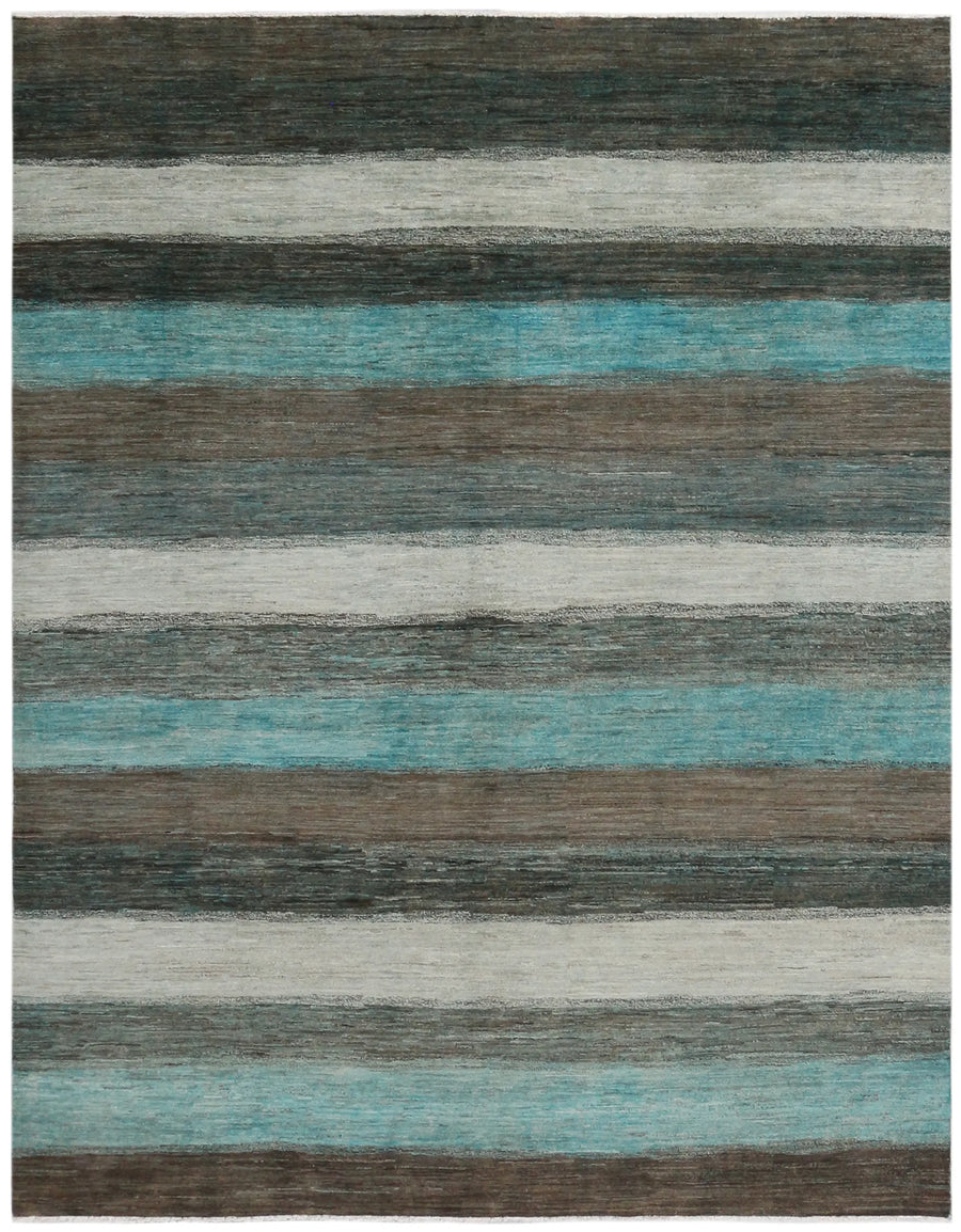 Teal Wool Rug with Broad Stripes, 300 × 236 cm, overall view.