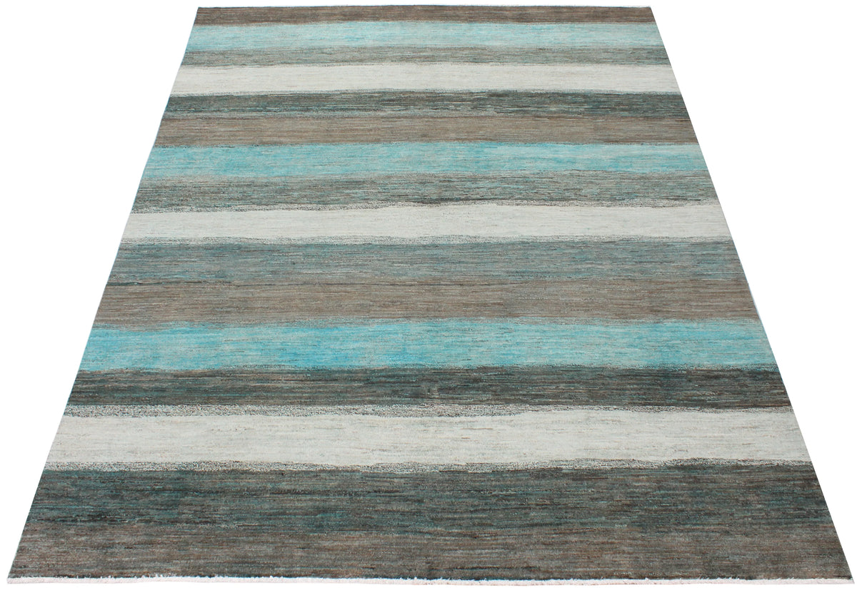 Teal Wool Rug with Broad Stripes, 300 × 236 cm, view 2.