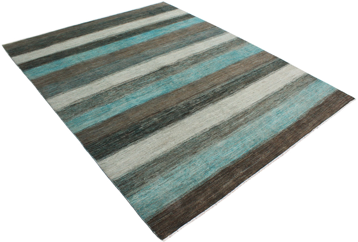 Teal Wool Rug with Broad Stripes, 300 × 236 cm, view 3.